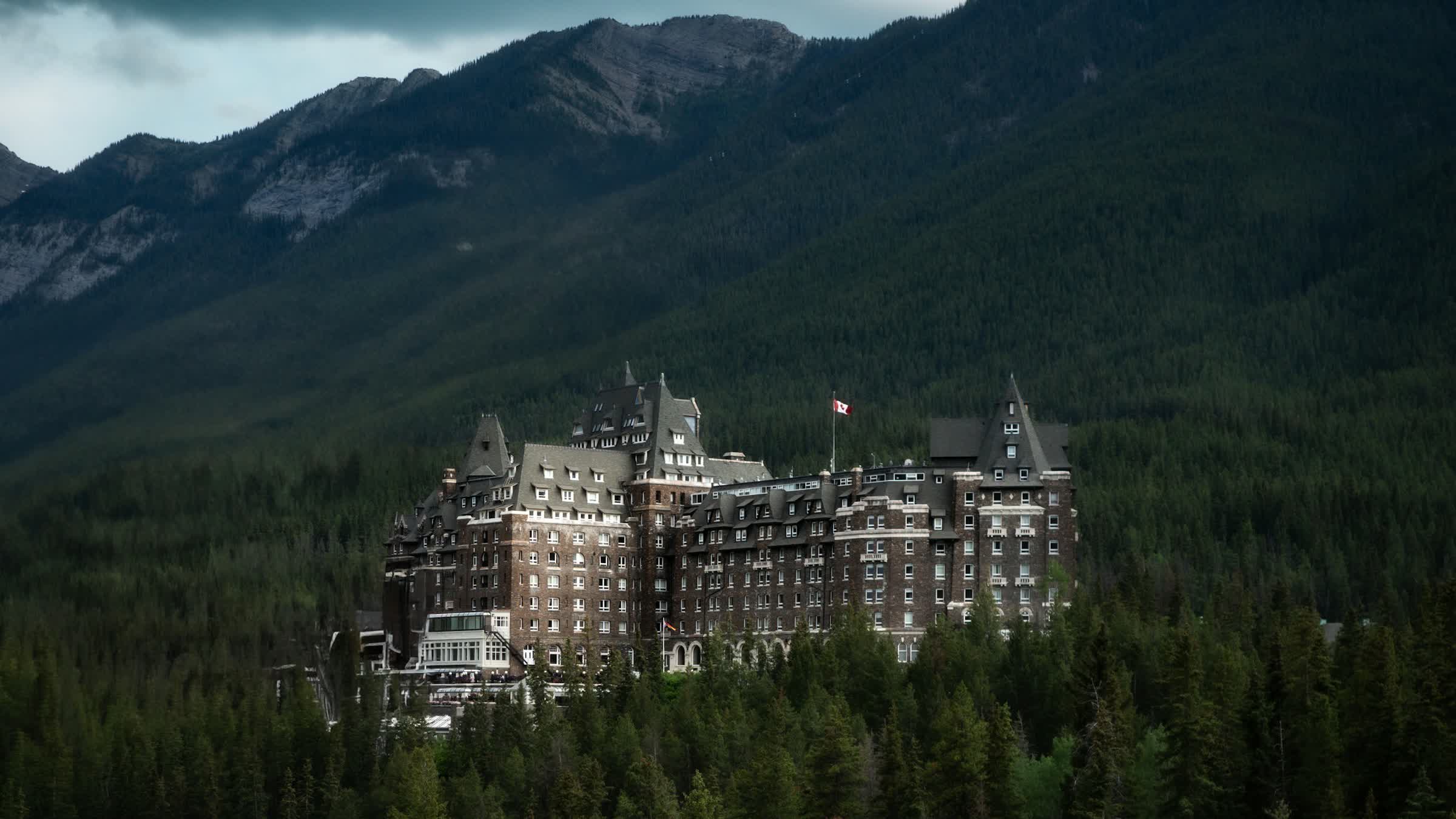 Fairmont Banff Springs Hotel with mountains behind